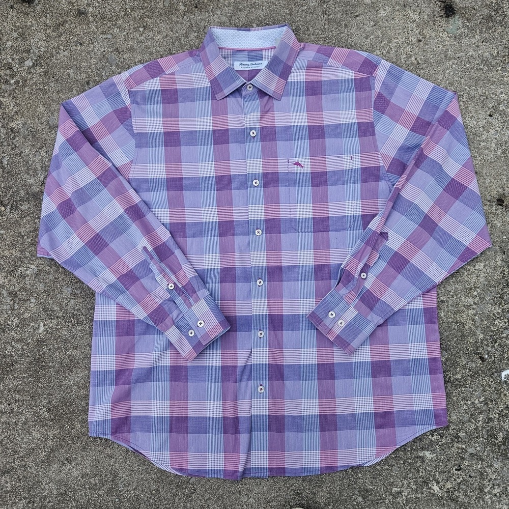 Tommy Bahama Shirt Mens Large Purple White Plaid Button Up Newport‎ Coast Casual